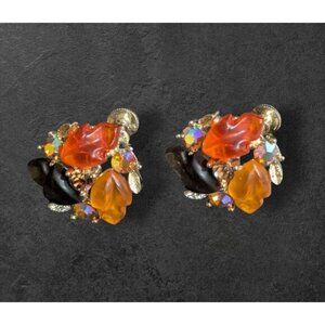Vintage Lisner Clip-On Earrings Orange  Black Leaf Gold-Tone  Rhinestones‎ MCM